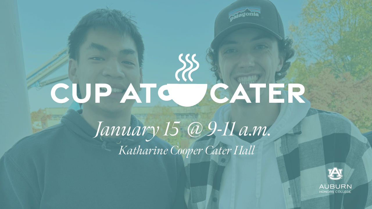 Cup at Cater from 9 until 11 am at cater hall. image is green with two students holding a cup of coffee.